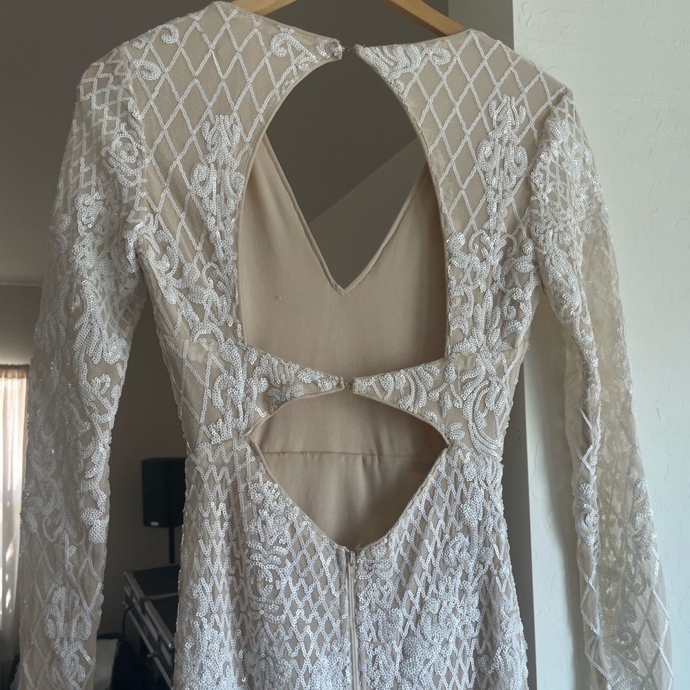 Wedding Dress long sleeve open back v neck, white and nude beaded embroidered - Picture 6 of 10